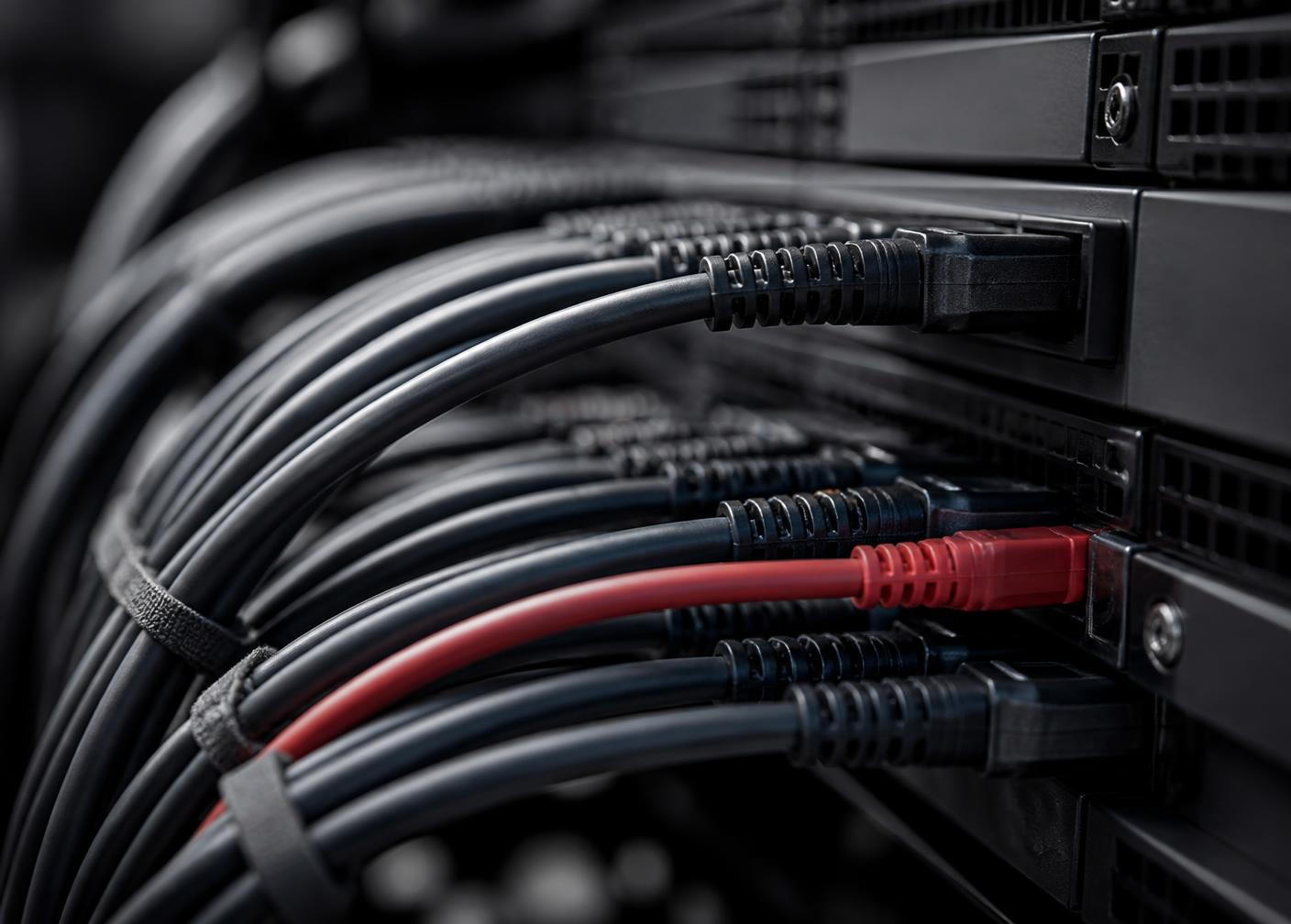 Close view of neatly routed network cabling in a dark equipment rack with one red patch lead