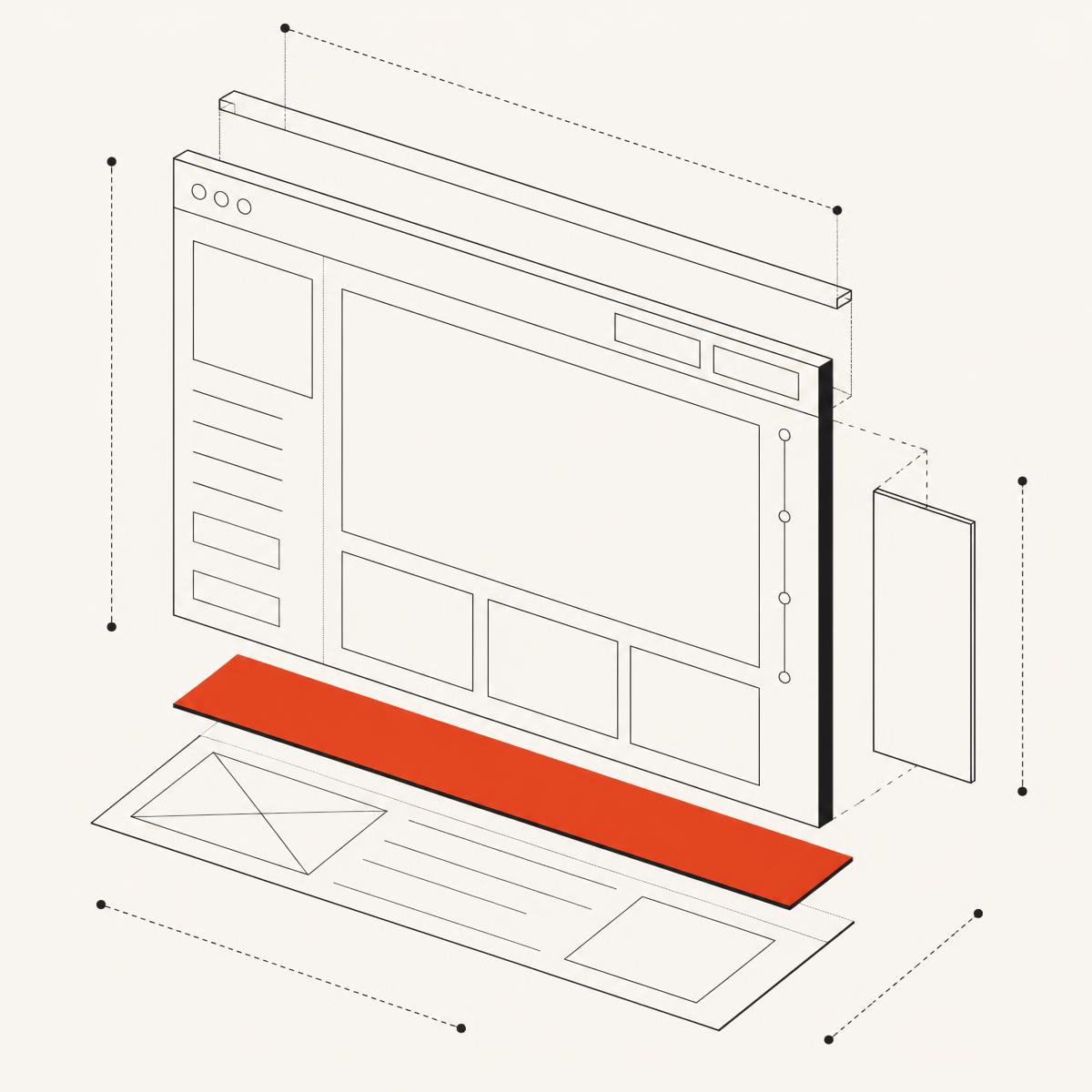 Isometric line illustration of layered software interface panels and measurement guides