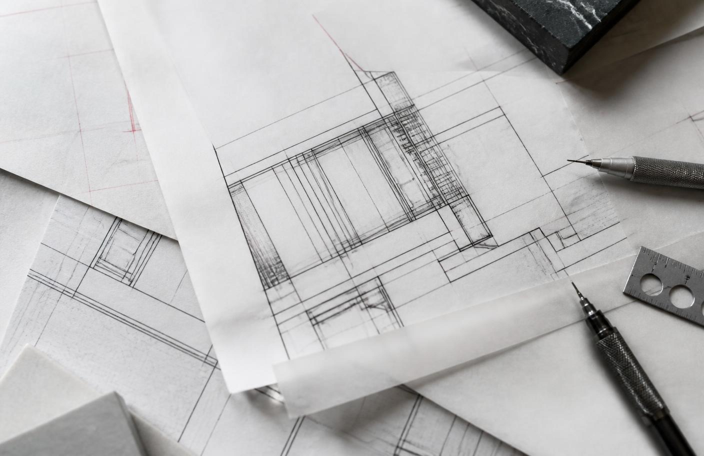 Technical drawings and drafting pencils layered on a pale desk surface